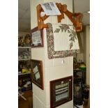 AN AMISH STYLE QUILT AND WOODEN WALL HANGING FRAME together with three framed lace samples,