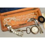 A SELECTION OF ITEMS, to include a wooden carved, inlaid hinged, rectangular box, an open face