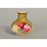 A ROYAL WORCESTER GLOBULAR VASE, with pierced neck and flared rim, painted with roses, puce