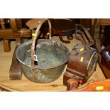 A COPPER JAM PAN and an oak mantle clock (2)