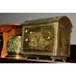 A VICTORIAN BRASS PAN, slipper/coal box, brass twin handled bucket, etc (4)