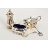 A THREE PIECE SILVER CONDIMENT SET, with shaped, scalloped edging, hallmarks for Birmingham 1926 and