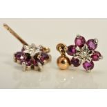 A PAIR OF 9CT GOLD RUBY AND DIAMOND EARRINGS, each designed as a single cut diamond within an