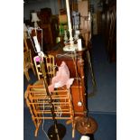 AN EDWARDIAN MAHOGANY DOUBLE SIDED FOLDING CAKE STAND together with two various standard lamps, a