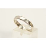 A MODERN PLATINUM PLAIN WEDDING BAND, flat section with tapered edges, measuring approximately 3.7mm
