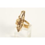 A 9CT GOLD, QUARTZ RING, designed with an elongated faceted quartz to the bifurcated shoulders, with