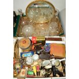 TWO BOXES OF GLASSWARE, CERAMICS, collectables, etc including a pair of oval continental silver