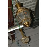 A BRASS MOROCCAN TAPERED OCTAGONAL HANGING LANTERN, together with a brass and beaded ceiling