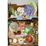 TWO BOXES OF VICTORIAN AND LATER CERAMICS, glassware, metalware, quartz mantel clock, etc (two