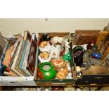 THREE BOXES OF CERAMICS, RECORDS, PICTURES, SUNDRIES ETC, to include mantle clock, 'Brown's