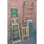 TWO SETS OF WOODEN STEP LADDERS, an oak framed sack truck, trestle stand etc (6)