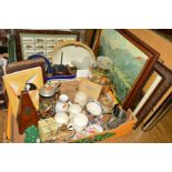 TWO BOXES OF CERAMICS, GLASSWARE COLLECTABLES AND PRINTS, includes a collection of cigarette and