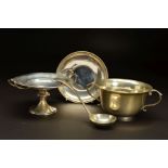 A LATE VICTORIAN SILVER TWIN HANDLED PORRIDGE BOWL AND STAND, of circular form, 'S' scroll