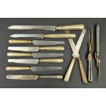 A SET OF GEORGE V SILVER HANDLED MEAT AND GAME CARVERS AND A MATCHING SET OF EIGHT TABLE KNIVES,