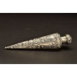 A LATE VICTORIAN SILVER SCENT FLASK, of flattened conical form, foliate embossed decoration