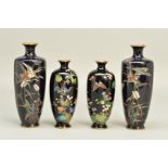 TWO PAIRS OF EARLY 20TH CENTURY JAPANESE CLOISONNE VASES, both of baluster form, dark blue/black