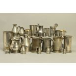 A BOX OF 19TH AND 20TH CENTURY PEWTER MEASURES, various shapes including cylindrical and haystack,