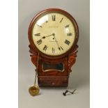 AN EARLY VICTORIAN MAHOGANY AND BRASS INLAID DROP DIAL WALL CLOCK, the painted circular 28cm/11''