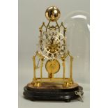 A LATE 19TH CENTURY BRASS SKELETON CLOCK, of cathedral form, the pinnacle with bell which is
