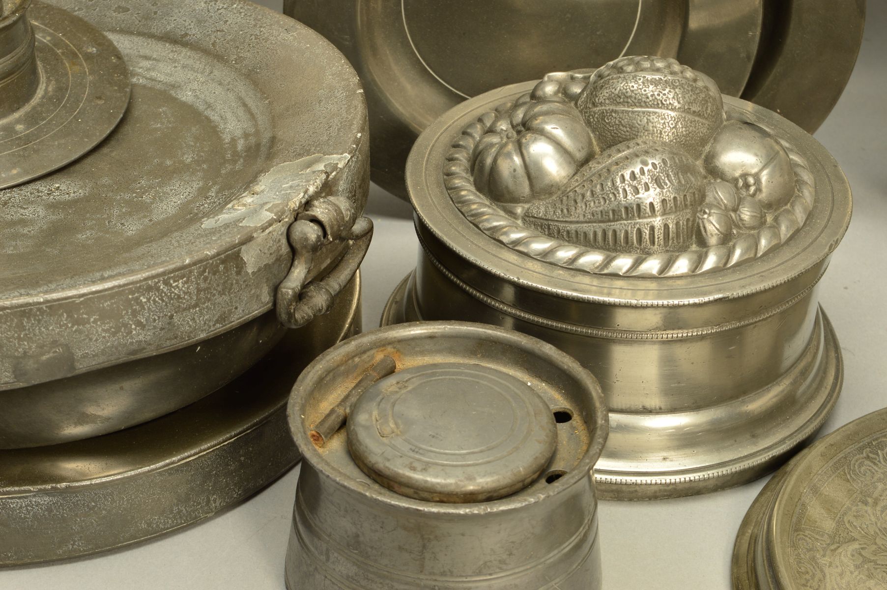 A BOX OF PEWTER PLATES, INKWELLS AND WARMING DISHES, etc, mostly Victorian, diameter of largest - Image 2 of 5