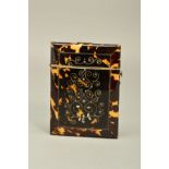 A 19TH CENTURY TORTOISESHELL CARD CASE, of rectangular form, inlaid back and front with mother of