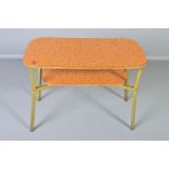 A RECTANGULAR MID 20TH CENTURY FLORAL ORANGE FORMICA TOPPED OCCASIONAL TABLE, on a shaped metal