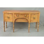 A GEORGE IV MAHOGANY, SATINWOOD BANDED AND INLAID BOW FRONT SIDEBOARD, fitted with single drawer