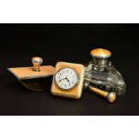 A GEORGE V SILVER AND APRICOT ENAMEL DESK SET, comprising rectangular easel back desk clock, seal,
