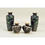 A PAIR OF EARLY 20TH CENTURY JAPANESE CLOISONNE VASES, together with a near pair, taller pair of