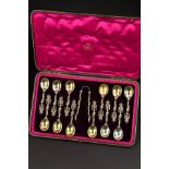 A CASED SET OF TWELVE VICTORIAN SILVER TEASPOONS AND MATCHING SUGAR TONGS, cast with crown finials