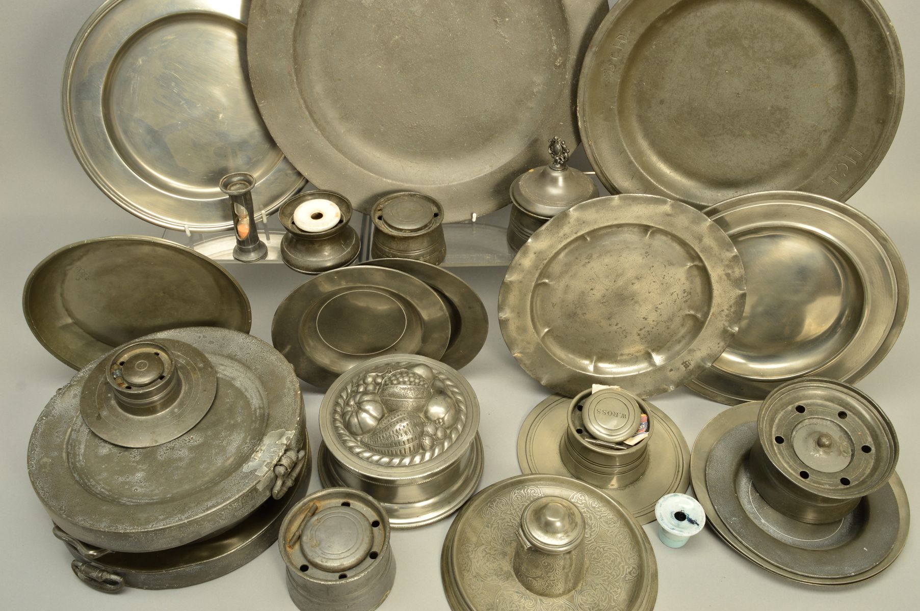 A BOX OF PEWTER PLATES, INKWELLS AND WARMING DISHES, etc, mostly Victorian, diameter of largest - Image 5 of 5