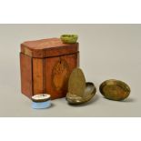 A GEORGE III SATINWOOD AND INLAID TEA CADDY, (in need of restoration), of rectangular form with