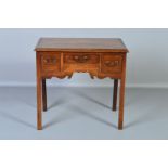 A GEORGE III OAK AND MAHOGANY BANDED SIDE TABLE, fitted with an arrangement of three frieze drawers,