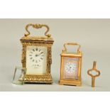 TWO SECOND HALF OF THE 20TH CENTURY MINIATURE BRASS CARRIAGE CLOCKS, the smaller with porcelain