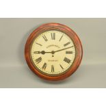 A VICTORIAN WALNUT CASED CIRCULAR WALL CLOCK, the painted 33.5cm / 13 1/4'' dial with Roman