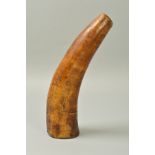 AN 18TH CENTURY COW HORN POWDER FLASK, incised with initials, monograms, names and a date of 1789,