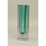 A POST WAR MURANO SOMMERSO GLASS VASE, of square form, probably by Luigi Mandruzzato, cased in clear