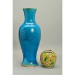 A CHINESE PORCELAIN TURQUOISE GLAZED BALUSTER VASE, crazed in the glaze throughout, unmarked,