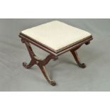 A VICTORIAN WALNUT AND STAINED STOOL, of square form, upholstered drop in seat to moulded frame, 'X'