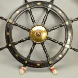 MARITIME INTEREST, AN EARLY 19TH CENTURY WOODEN AND BRASS SHIP'S WHEEL, the circular centre hub
