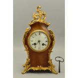 AN EARLY 20TH CENTURY FRENCH LOUIS XIV STYLE WALNUT CASED MANTEL CLOCK WITH ORMOLU MOUNTS, enamel