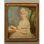 AN 18TH CENTURY STYLE PORTRAIT OF A MATURE FEMALE FIGURE HOLDING A BOOK, open countryside in the