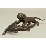 A JAPANESE PATINATED BRONZE FIGURE GROUP OF A TIGER ATTACKING A CROCODILE, Meiji/Taisho period, both