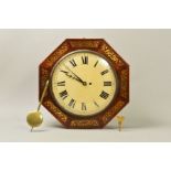 AN EARLY 19TH CENTURY OCTAGONAL ROSEWOOD, BRASS INLAID AND WALNUT WALL CLOCK, painted circular