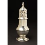 A GEORGE VI SILVER SUGAR CASTER, of baluster form, knop finial above domed pull off cover with