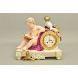 A PORCELAIN MANTEL CLOCK, decorated with a putto reading a book, the clock face is by Howell James &