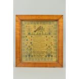 AN EARLY VICTORIAN NEEDLEWORK SAMPLER, linen ground embroidered and cross stitched with silks, a