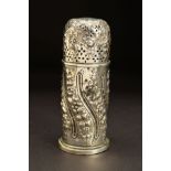 A VICTORIAN SILVER SUGAR CASTER, of cylindrical form, domed pull off cover, foliate repousse