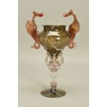 AN ORNATE FACON DE VENISE STYLE GLASS GOBLET, the bowl having gold leaf and white whiplash