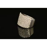 A MODERN 18CT WHITE GOLD WIDE PAVE DIAMOND SET BAND, measuring approximately 14.3mm in diameter,